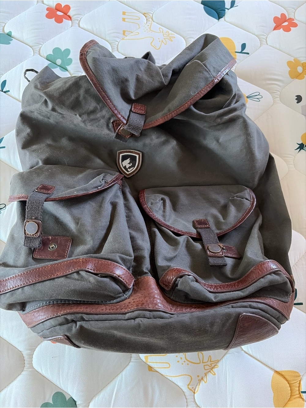 Kuhl Olive Green Canvas Backpack with Brown Leather Trim